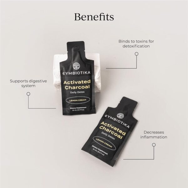 CYMBIOTIKA Activated Charcoal Liquid Supplement with Vitamin E, Gut Health & Digestive Support for Adults, Helps Cleanse, Detox, Support Gas, Bloating, Lemon Cream Flavor, Vegan, 10ml Pouches, 26 Pack - Image 2