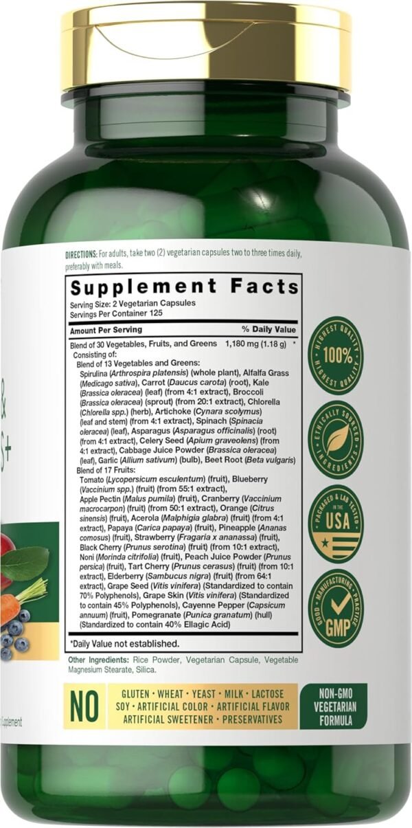 Carlyle Fruits and Veggies Supplement | 250 Capsules | Made with 30 Fruits and Vegetables | Vegetarian, Non-GMO, Gluten Free Superfood Formula - Image 2