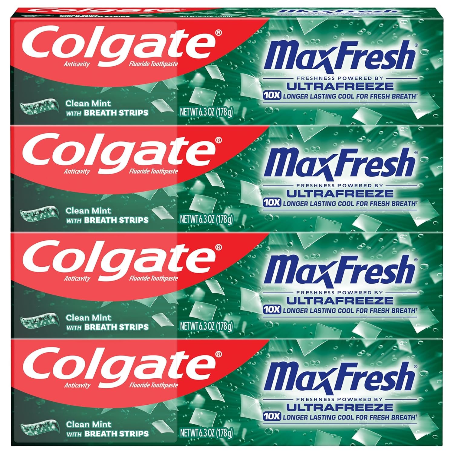 Colgate-Max-Fresh-Whitening-Toothpaste-with-Mini-Strips-Clean-Mint.jpg Colgate Max Fresh Whitening Toothpaste with Mini Strips, Clean Mint Toothpaste for Bad Breath, Helps Fight Cavities, Whitens Teeth, and Freshens Breath, 6.3 Ounce (Pack of 4)