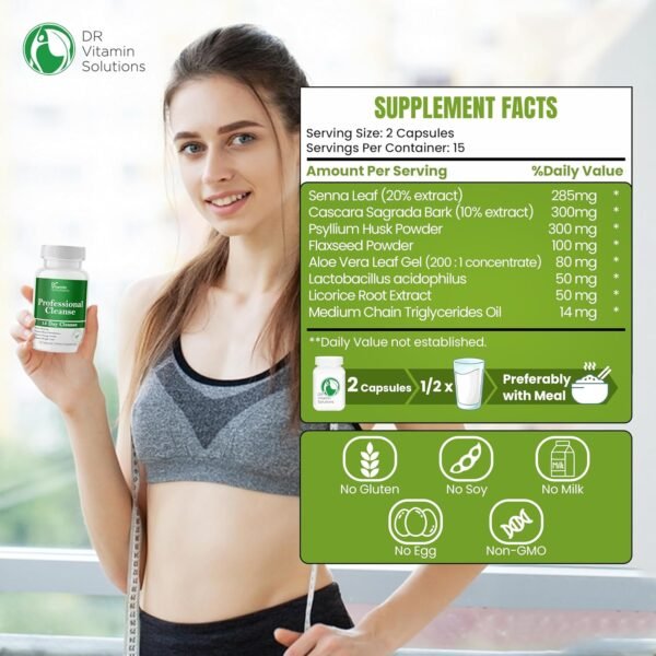 DR VITAMIN SOLUTIONS 15 Day Cleanse Gut Support - Detox Cleanse for Weight Management - All Natural Colon Cleanser for Bloating and Constipation Relief - Extra Calorie Loss with Probiotics - 30 Caps - Image 2
