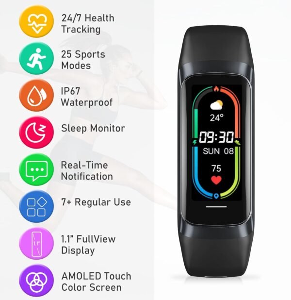 Fitness Tracker with Heart Rate, Blood Pressure, Sleep Tracking, Calorie Tracking, Activity Tracker with 1.1" AMOLED Color Screen, Waterproof Step Tracker for Android iPhones Women Men - Image 2