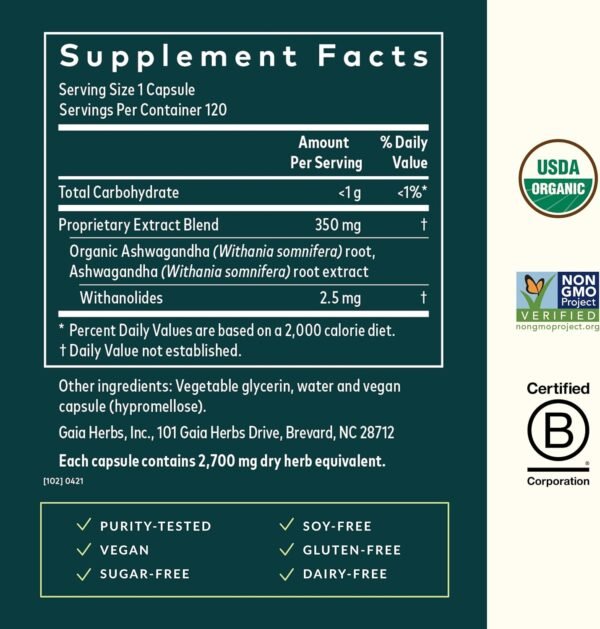 Gaia Herbs Ashwagandha Root - Stress Relief & Immune Support Supplement - Supports Balanced Energy Levels and Positive Outlook - 120 Vegan Liquid Phyto Capsules (1 Pack) - Image 2