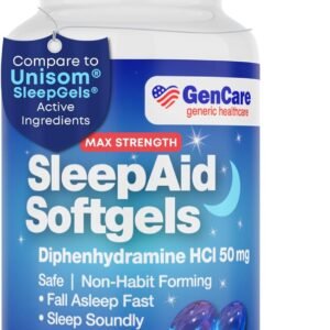 GenCare Maximum Strength Nighttime Sleep Aid Supplement for Adults Deep Sleep Pills with Diphenhydramine HCl 50mg to Fall Asleep Faster- Strong Non-Habit Forming PM Sleeping Relief [96 Softgels]