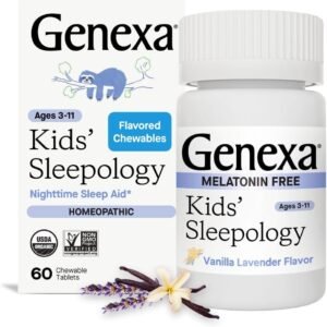Genexa Kid’s Sleepology | Melatonin Free Childrens Sleep Aid | Natural Vanilla & Lavender Flavor | Certified Organic & Non-GMO | Homeopathic Remedy Made Clean | 60 Chewable Tablets for Ages 3-11​