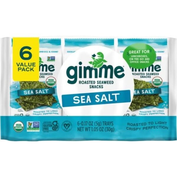 Gimme Seaweed Organic Premium Roasted Seaweed Snacks, Sea Salt, 6 Count, Keto, Vegan, Gluten-Free, Great Source of Omega3s and Iodine, Healthy On-The-Go Snack for Kids and Adults - Image 2
