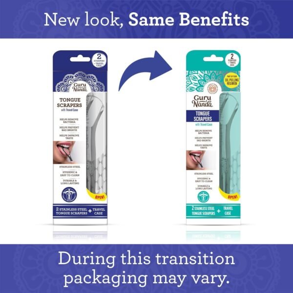 GuruNanda Tongue Scraper for Adults (2 Pack) with Travel Case, 420 Medical-Grade 100% Stainless Steel Tongue Cleaner, Aids in Fresh Breath & Oral Care - Image 2