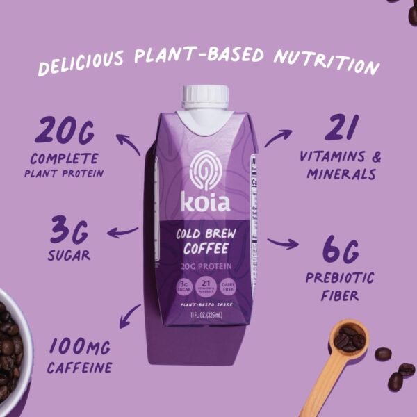 Koia Plant Based Protein Shake, Cold Brew Coffee, 20g Protein, 3g Sugar, 6g Prebiotic Fiber, 21 Vitamins & Minerals, Meal Replacement Drinks, Dairy-Free, Gluten-Free, Non-GMO, 11 Fl Oz (Pack of 12) - Image 2
