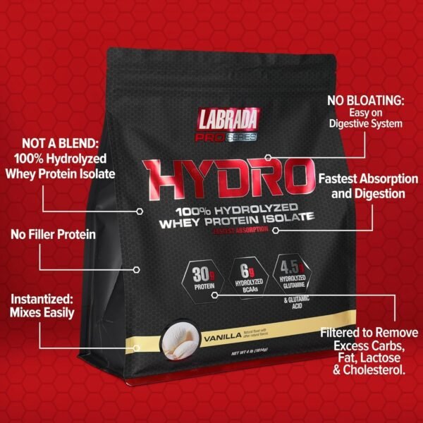 Labrada Hydro 100% Pure Hydrolyzed Whey Protein Isolate Powder, Lactose Free, Glutamine, Fastest Digesting Whey Available, Instant Mixing, Delicious Taste 48 Servings 4lb (Vanilla) - Image 2