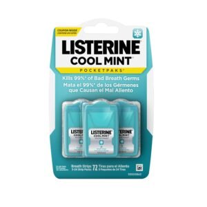 Listerine Cool Mint PocketPaks Portable Breath Strips for Bad Breath, Fresh Breath Strips Dissolve Instantly to Kill 99% of Bad Breath Germs* On-The-Go, Cool Mint, 24-Strip Pack, 3 Pack