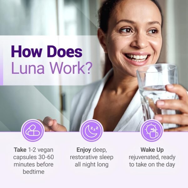 Luna Sleep Aid - Non-Habit Forming Natural Sleeping Pills for Adults with Naturally Sourced Ingredients - Valerian Root, Melatonin, Chamomile, Lemon Balm, and More - 60 Vegan Capsules - Image 2