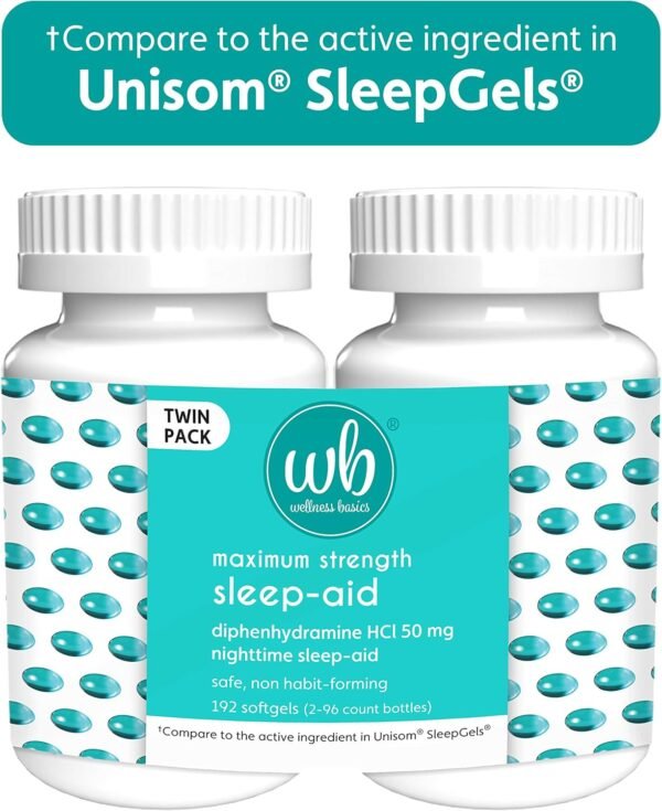 Maximum Strength Sleep-Aid - Diphenhydramine HCL (96 Count Softgel - Twin Pack) Relieves Occasional Sleeplessness - Non-Habit Forming - Image 2