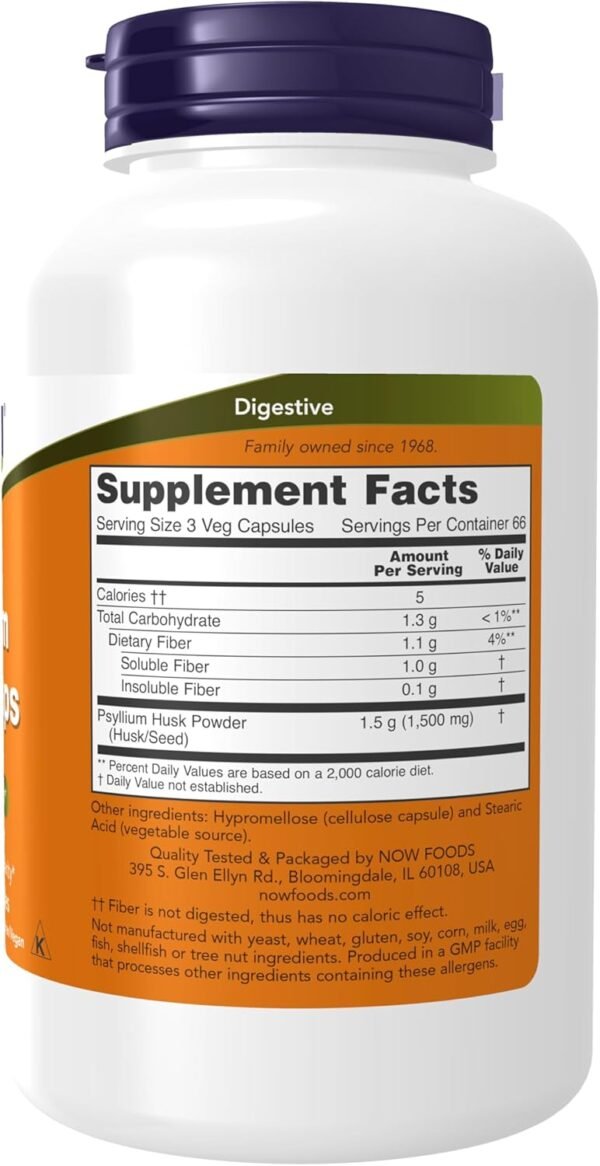 NOW Foods Supplements, Psyllium Husk Caps 500 mg, Non-GMO Project Verified, Natural Soluble Fiber, Intestinal Health*, 200 Veg Capsules - Image 2