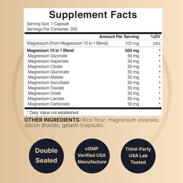 NatureBell Magnesium Complex Supplement 500mg, 300 Capsules | 10 Active Forms – Glycinate, Citrate, Taurate, Plus More | 100% Chelated & Purified | Bone, Heart, & Muscle Support | Non-GMO - Image 2