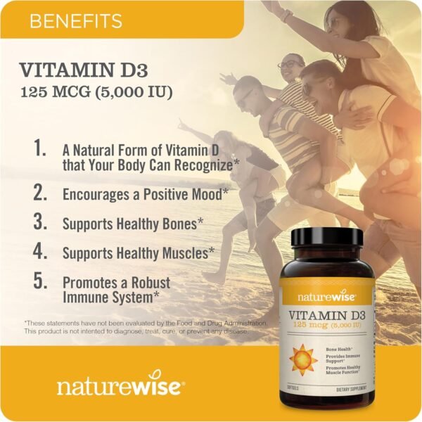 NatureWise Vitamin D3 5000iu (125 mcg) 1 Year Supply for Immune Support, Healthy Muscle Function, and Bone Health - Non-GMO, Gluten Free in Organic Extra Virgin Olive Oil, (Mini Softgel), 360 Count - Image 2