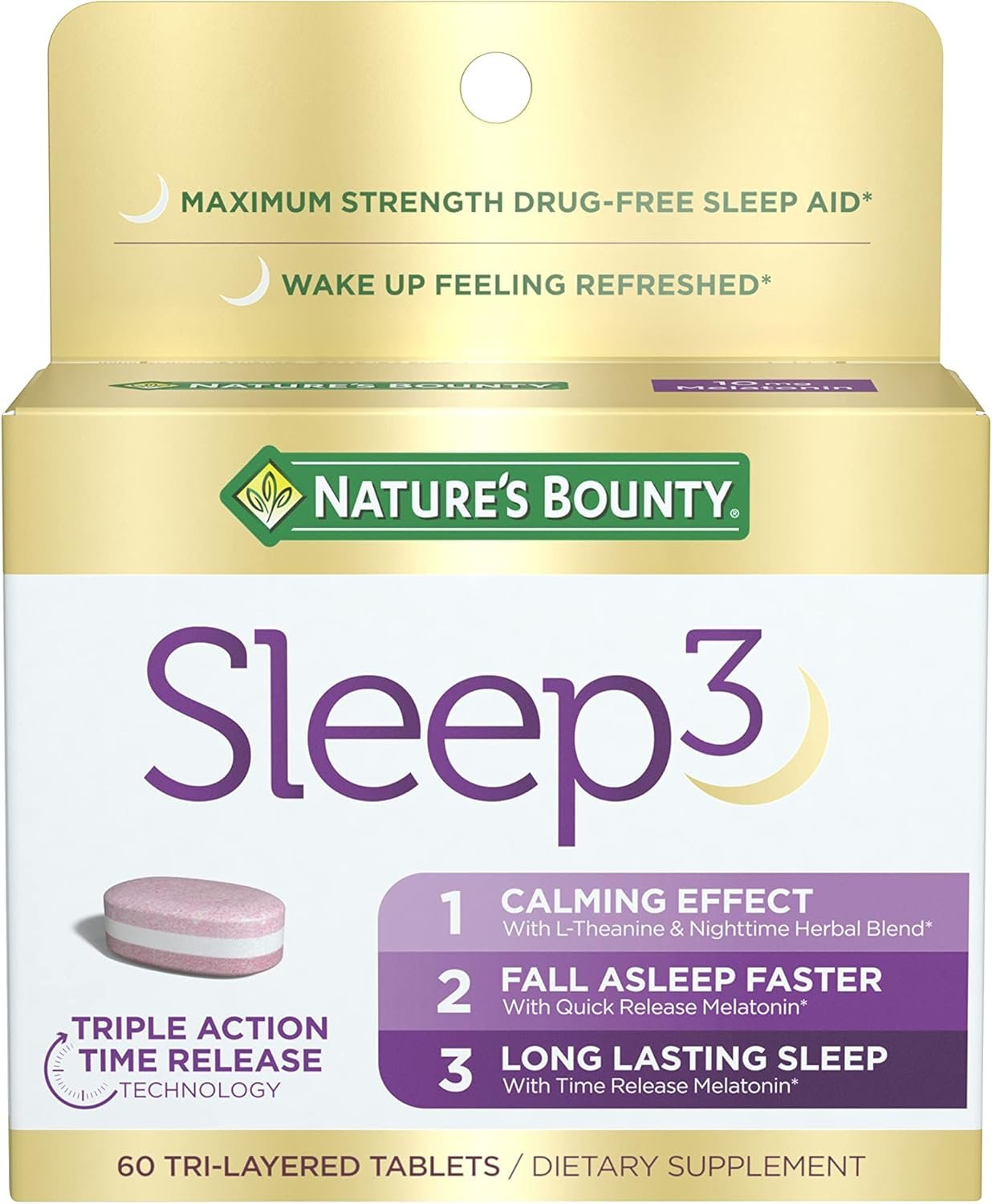Natures-Bounty-Sleep3-Melatonin-10mg-Maximum-Strength-100-Drug-Free.jpg Nature's Bounty Sleep3 Melatonin 10mg, Maximum Strength 100% Drug Free Sleep Aid, Dietary Supplement, L-Theanine & Nighttime Herbal Blend Time Release Technology, 60 Tri-Layered Tablets