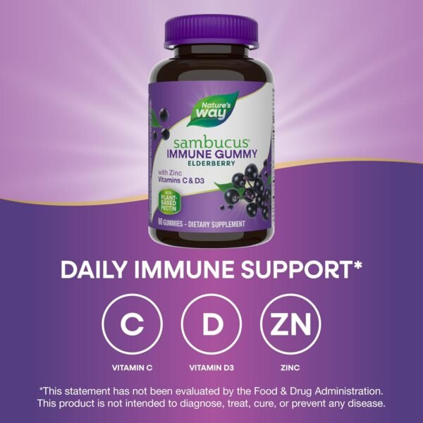 Nature’s Way Sambucus Elderberry Immune Gummies, Daily Immune Support for Kids and Adults*, with Vitamin C, Vitamin D3, Zinc, Gluten Free, Vegetarian, 60 Gummies (Packaging May Vary) - Image 2
