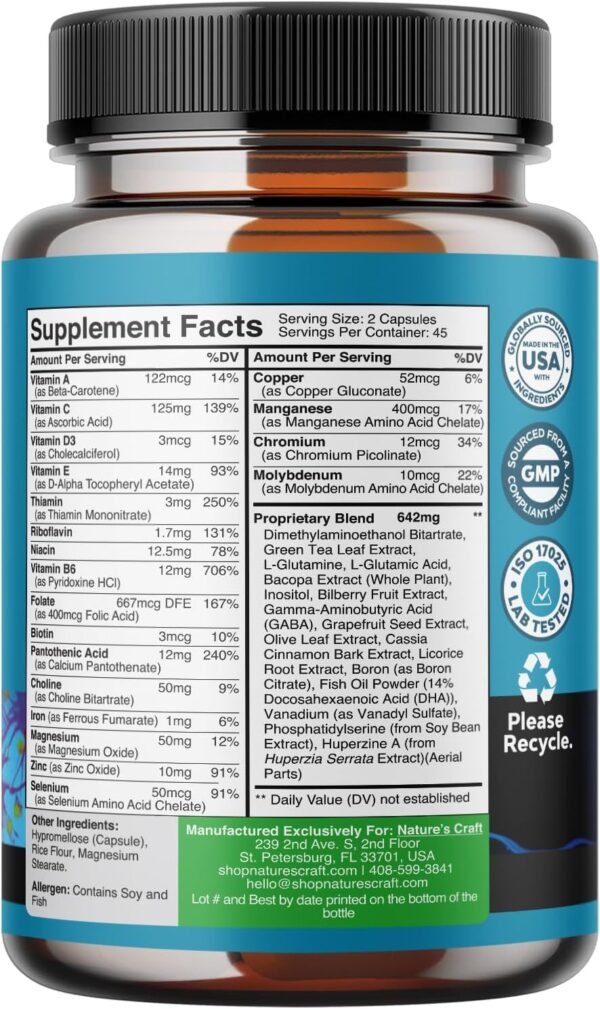 Nootropic Brain Supplement for Memory and Focus Enhancement - Vitamins for Mental Health & Clarity with VIT A, B6, Riboflavin, Niacin, Thiamin & Folate - Cognitive Complex for Mind Vitality - 90 Ct - Image 2