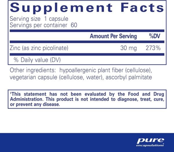 Pure Encapsulations Zinc 30 mg - Supplement for Immune System Support, Growth and Development, and Wound Healing* - with Zinc Picolinate 30 mg - 60 Capsules - Image 2