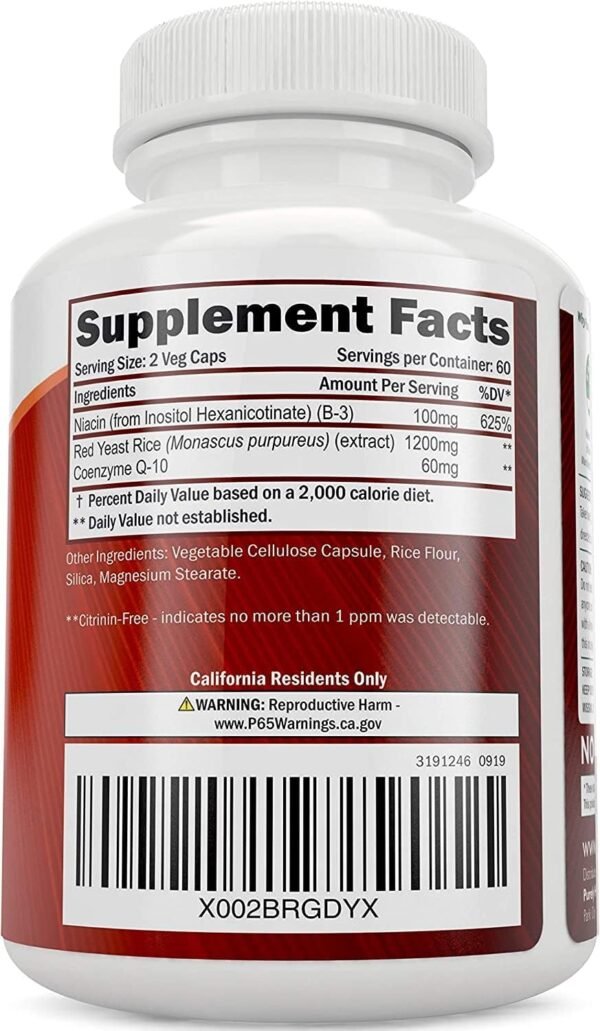 Red Yeast Rice 1200mg with CoQ10 & Flush Free Niacin 120 Vegetarian Capsules - Non Irradiated, Citrinin Free - Image 2