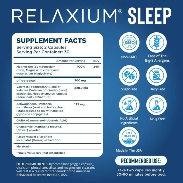 Relaxium Sleep Aid, Dietary Supplement, Non-Habit Forming, Supports Longer and Better Sleep, 60 Capsules, 30-Day Supply - Image 2