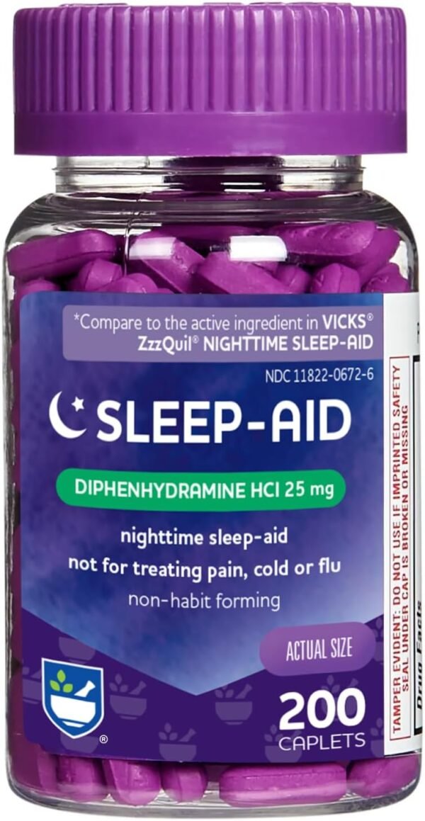 Rite Aid Natural Sleep Aid Caplets, Diphenhydramine HCl, 25mg - 200 Count | Sleeping Pills for Adults Extra Strength