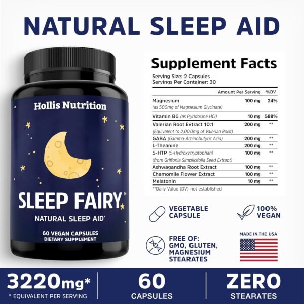 SLEEP FAIRY Natural Sleep Aid | Melatonin 10mg, Magnesium Glycinate 500mg, L-Theanine, B6, 5-HTP, GABA, Valerian Root & Ashwagandha | Herbal Sleeping Pills for Adults | Vegan Sleep Pills | MADE IN USA - Image 2