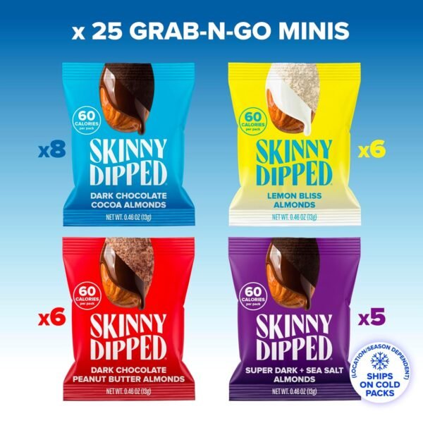 SkinnyDipped Snack Attack Minis Almond Variety Pack, Healthy Snack, Plant Protein, Gluten Free, 0.46 oz Mini Bags, Pack of 25 - Image 2