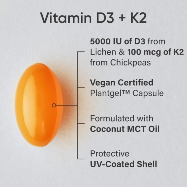 Sports Research® Vegan D3 5000iu with Vitamin K2 100mg - Formulated with Coconut MCT Oil - Vegan Certified, Soy & Gluten Free - 60 Softgels - Image 2