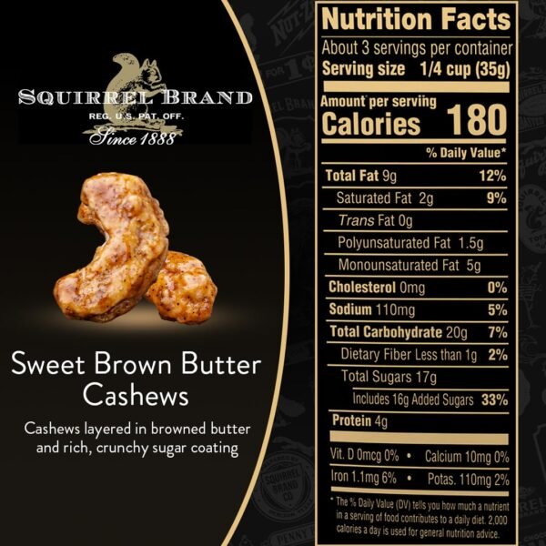 Squirrel Brand Sweet Brown Butter Cashews, 3.5 Ounces Resealable Bag, Gluten Free, Vegetarian - Image 2
