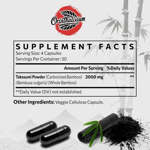 Takesumi Activated Charcoal 2000mg – Activated Charcoal from Bamboo for Max Absorption, Detox & Gut, 120 Vegan Capsules - Image 2