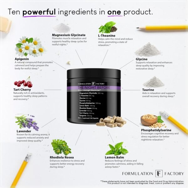 The Night Before: 10-in-1 Midnight Maximizer, Sleep Aid, Stress Relief, Cognition, Relaxation, Recovery, Magnesium Glycinate, L-Theanine, Glycine, Taurine, Lemon Balm, Rhodiola, Lavender (2 Months) - Image 2