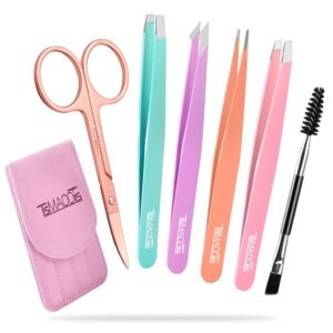 TsMADDTs 6 PCS Tweezers Set for Women, Eyebrow Tweezers with Curved Scissor for Ingrown Hair, Hair Plucking Daily Beauty Tools with Leather Travel Case