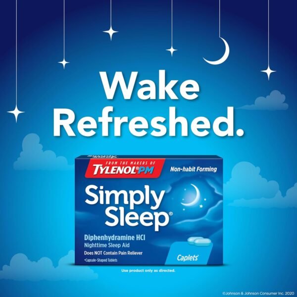Tylenol Simply Sleep Nighttime Sleep Aid Caplets, 25 mg Diphenhydramine HCl, Non-Habit Forming Sleep Aid for Adults, 100 Count - Image 2