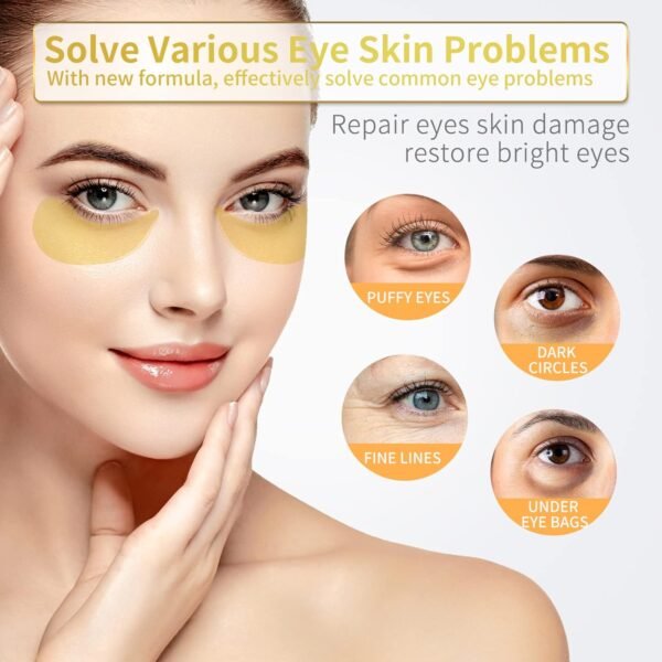 Under Eye Patches - 60 Pcs - 24K Gold Eye Mask- Puffy Eyes & Dark Circles Treatments,Reduce Under Eye Bags and Smooth Wrinkles,Eye Skin Care Pads With Collagen,Hyaluronic Acid & Castor Oil - Image 2