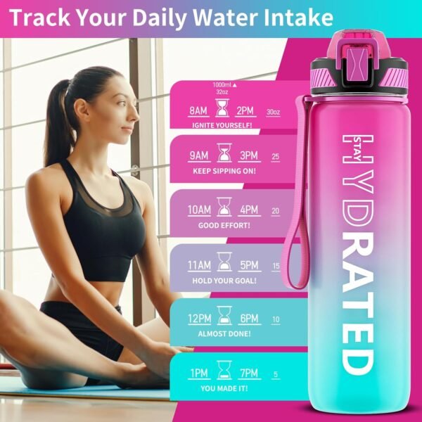 Water Bottle with Straw, 32oz Motivational Water Bottles with Time Marker to Drink, Tritan BPA Free, 1L Sports Water Bottle with Carry Strap LeakProof for Women Gym Fitness Outdoor (1 Pack) - Image 2