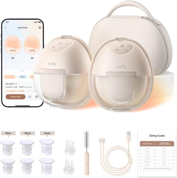 eufy Heated Wearable Breast Pump S1 Pro, Slim Hands-Free Breast Pump with Industry-Leading HeatFlow™ Tech, Wireless Charging Case, App-Controlled OptiRhythm™, Hospital-Grade Suction, in-Bra Use